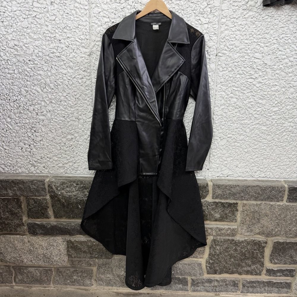 Venus Coat Womens 14 Black Faux Leather Lace Long Moto Zip Gothic Steampunk
